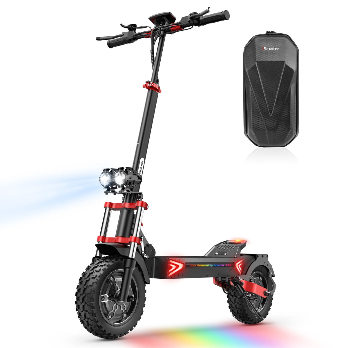 Side studio profile of the iScooter iX8 showing the long deck, the folded handlebar pivot, the rear suspension, and the 12-inch off-road pneumatic tire pattern