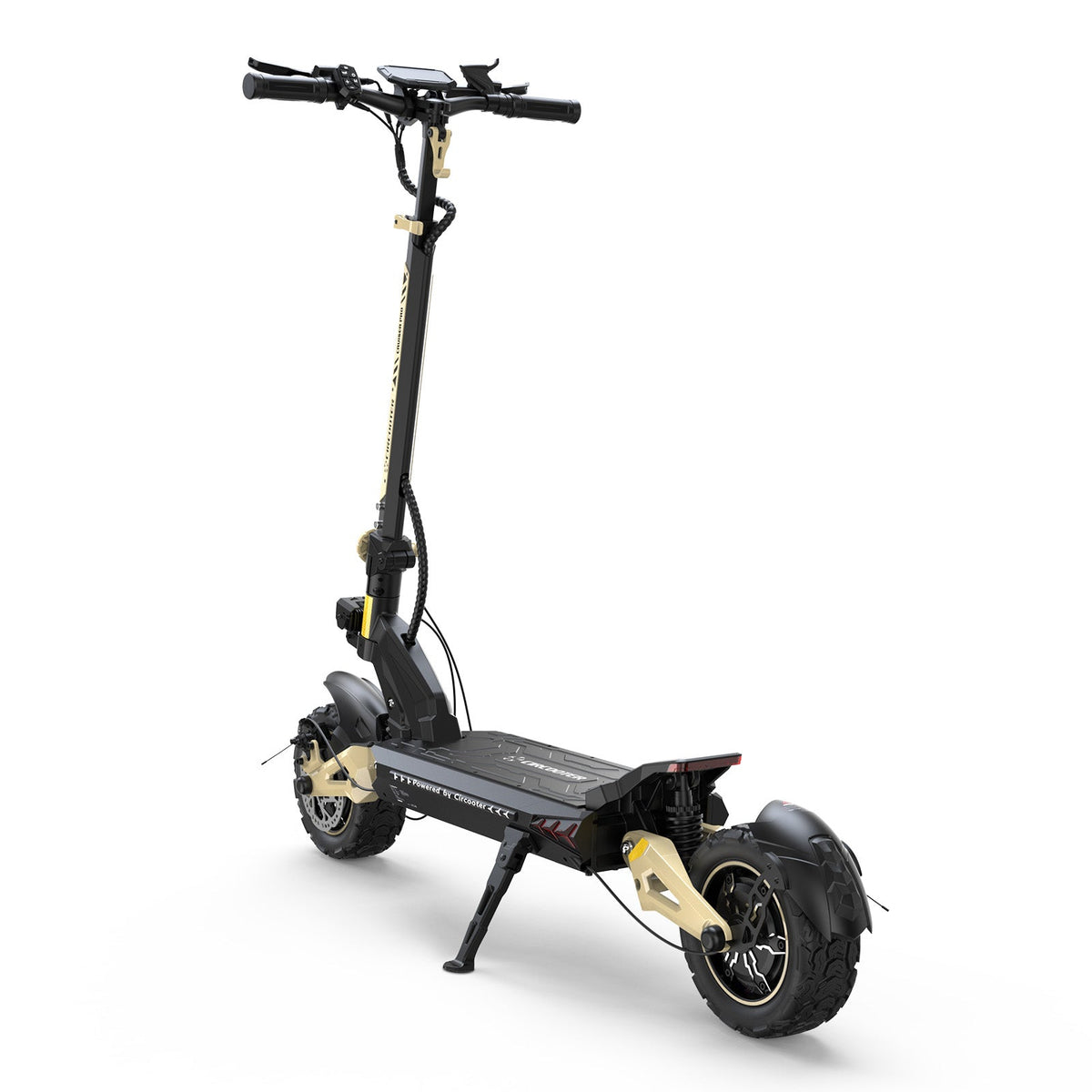 Circooter Cruiser Pro 2400W dual-motor off-road electric scooter with 11-inch pneumatic off-road tires, dual hydraulic suspension front and rear, hydraulic disc brakes, extra-wide deck, UL 2272 certified electrical system, and a 38 mph top-speed claim