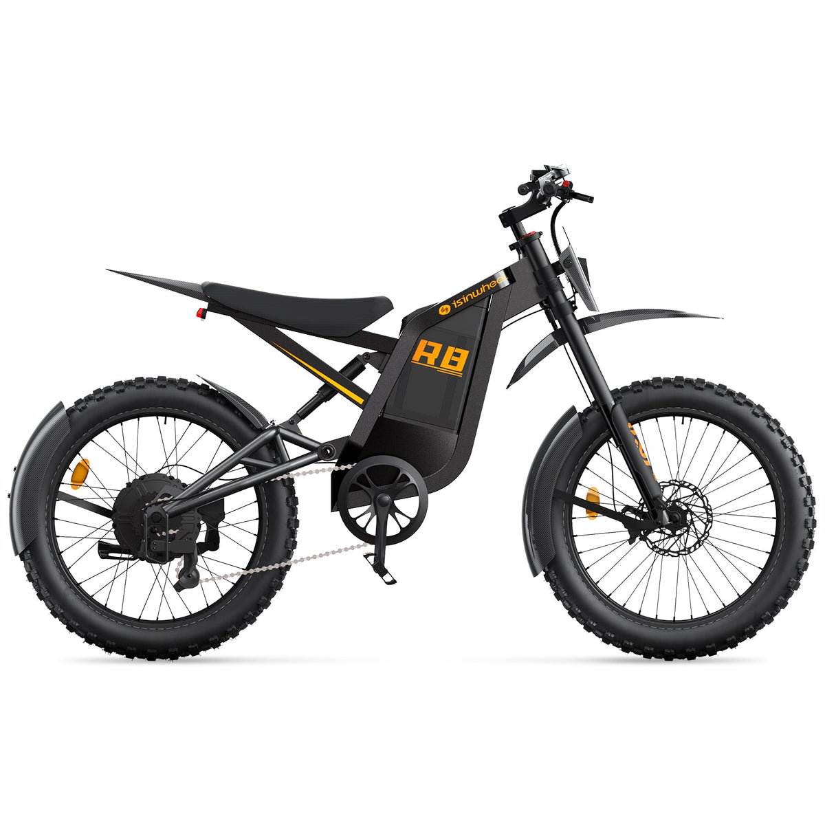 Black and yellow isinwheel R8 side profile with removable battery, rear shock linkage, long seat, and motorcycle-style tires.