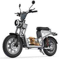 Left side view of the H7Pro seated scooter with its front basket and rear suspension in profile