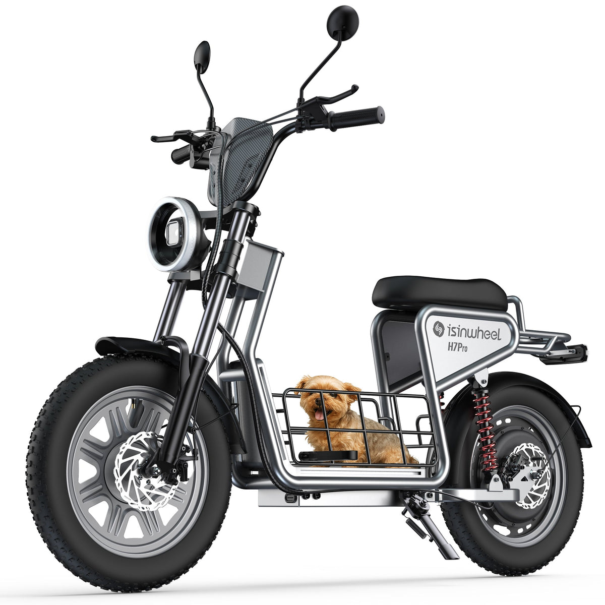 Left side view of the H7Pro seated scooter with its front basket and rear suspension in profile