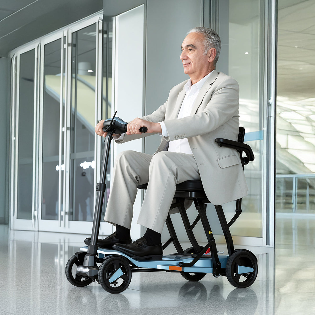 Older adult riding a ScootNGo Voyager mobility scooter indoors