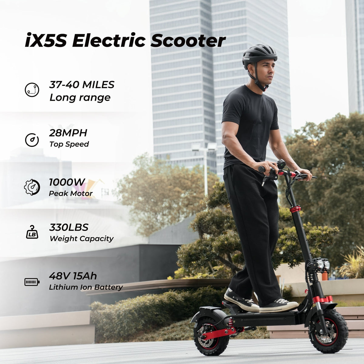 iScooter iX5S 1000W off-road electric scooter: 28 mph, 40-mile range, 11-inch off-road tubeless tires, dual suspension, EABS plus double disc brakes, IPX4 water resistance, 60 lb folded, 330 lb max load