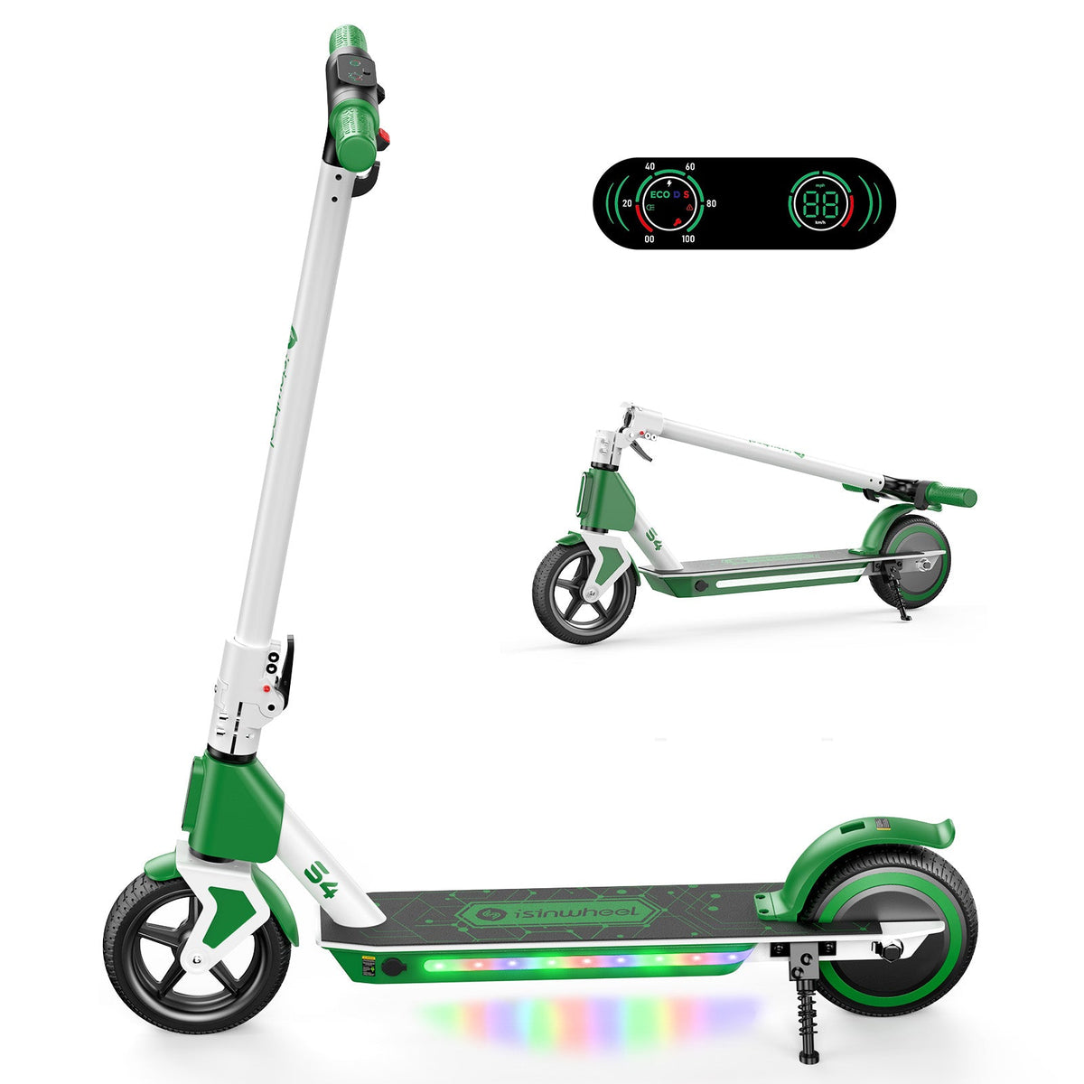 Side view of green isinwheel S4 with display and folded view