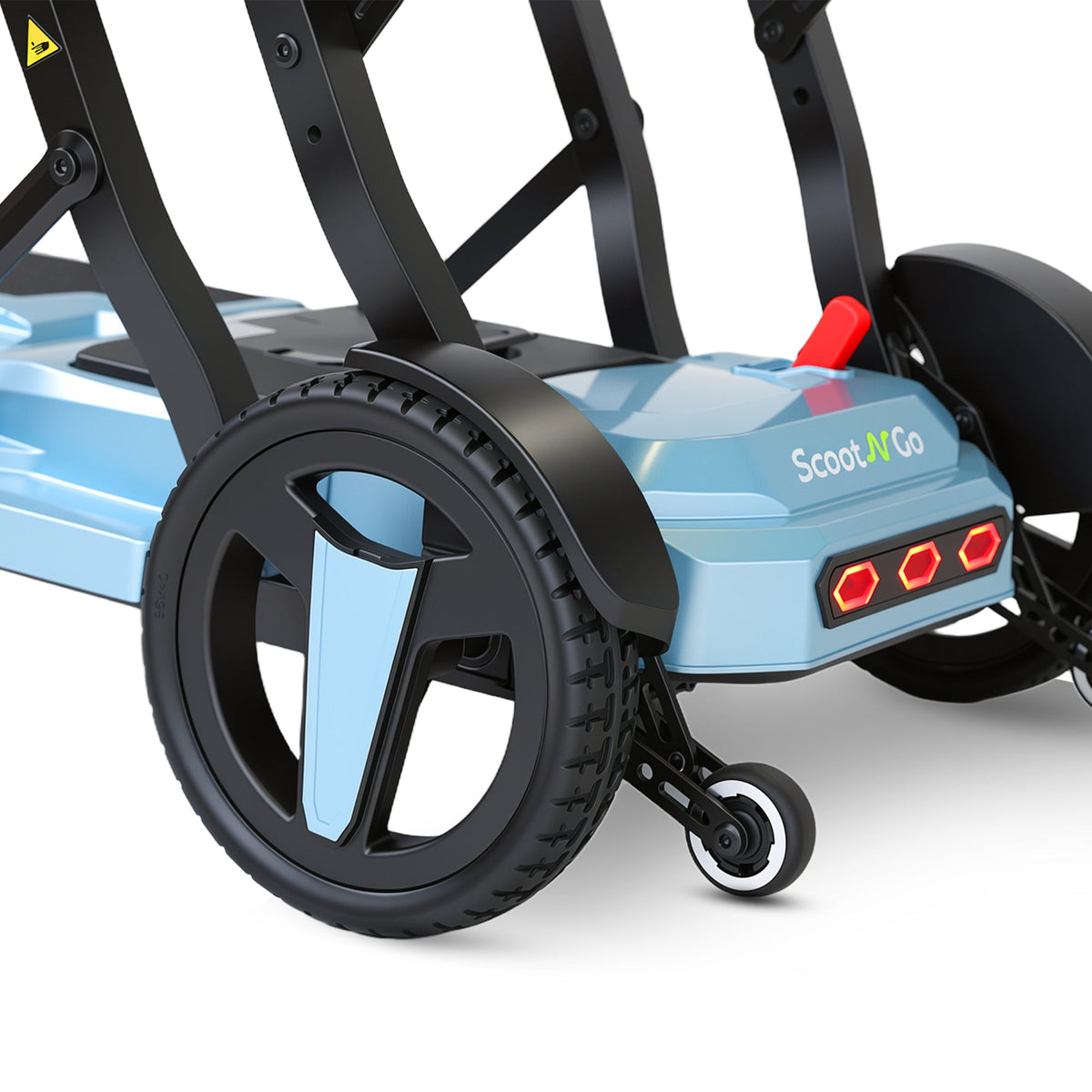 ScootNGo Voyager rear wheel and anti-tip wheel close-up