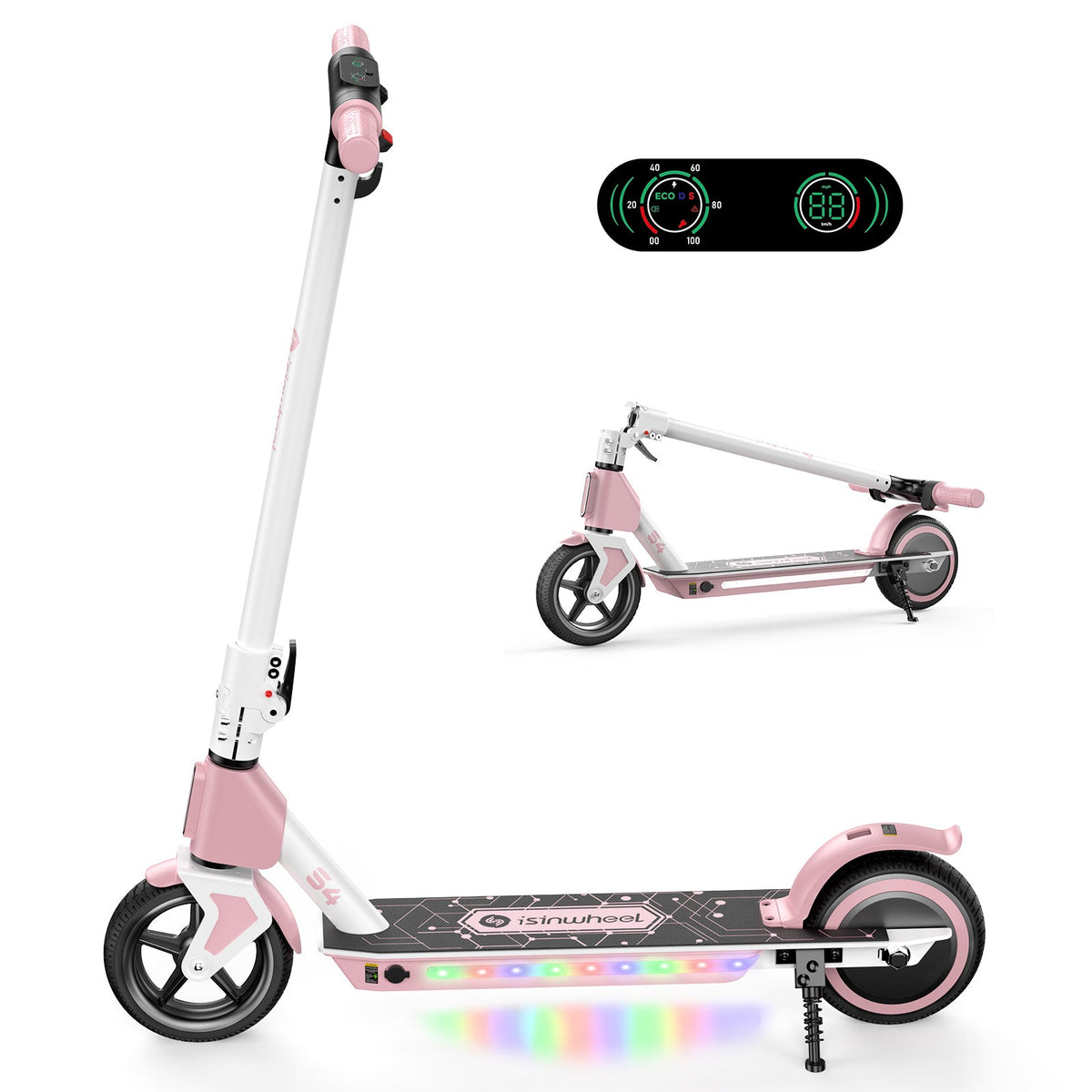 Side view of pink isinwheel S4 with display and folded view
