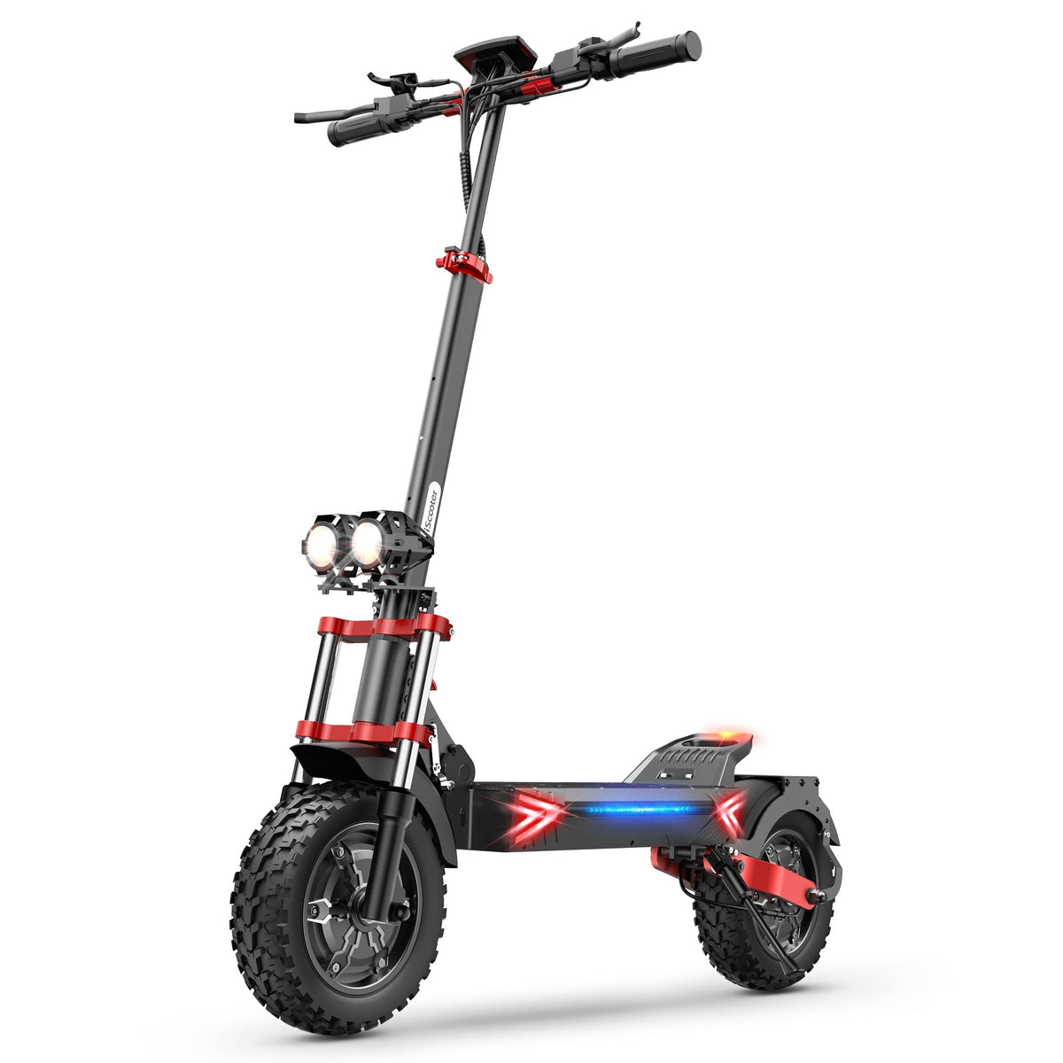 iScooter iX8 off-road dual-motor electric scooter with 12-inch off-road pneumatic tires, dual front and rear suspension, dual hydraulic disc brakes with EBAS rear anti-lock, full-color LCD, and a 38 mph top-speed claim