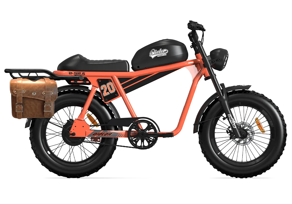 QIOLOR Tiger RL orange cockpit, saddle, and front suspension detail