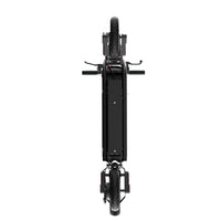 Top-down view of the folded iScooter W8 showing handlebar width, deck length, wheels, and compact folded footprint.