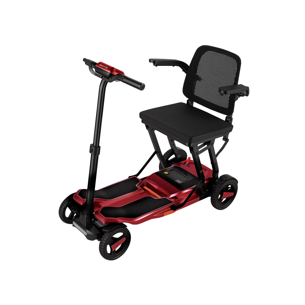 Wine Red ScootNGo Voyager mobility scooter viewed from the rear side