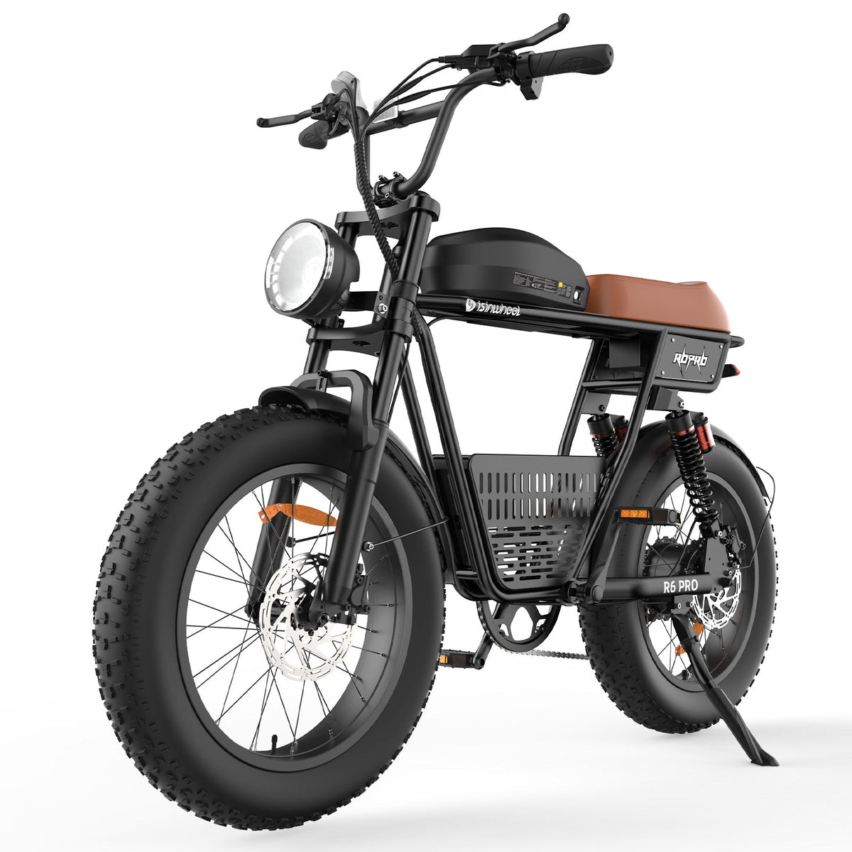 Black isinwheel R6 Pro retro moped-style electric dirt bike with a brown bench saddle, round LED headlight, dual-crown fork, integrated center cargo basket, and 20 by 4-inch fat knobby tires