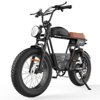 Black isinwheel R6 Pro retro moped-style electric dirt bike with a brown bench saddle, round LED headlight, dual-crown fork, integrated center cargo basket, and 20 by 4-inch fat knobby tires