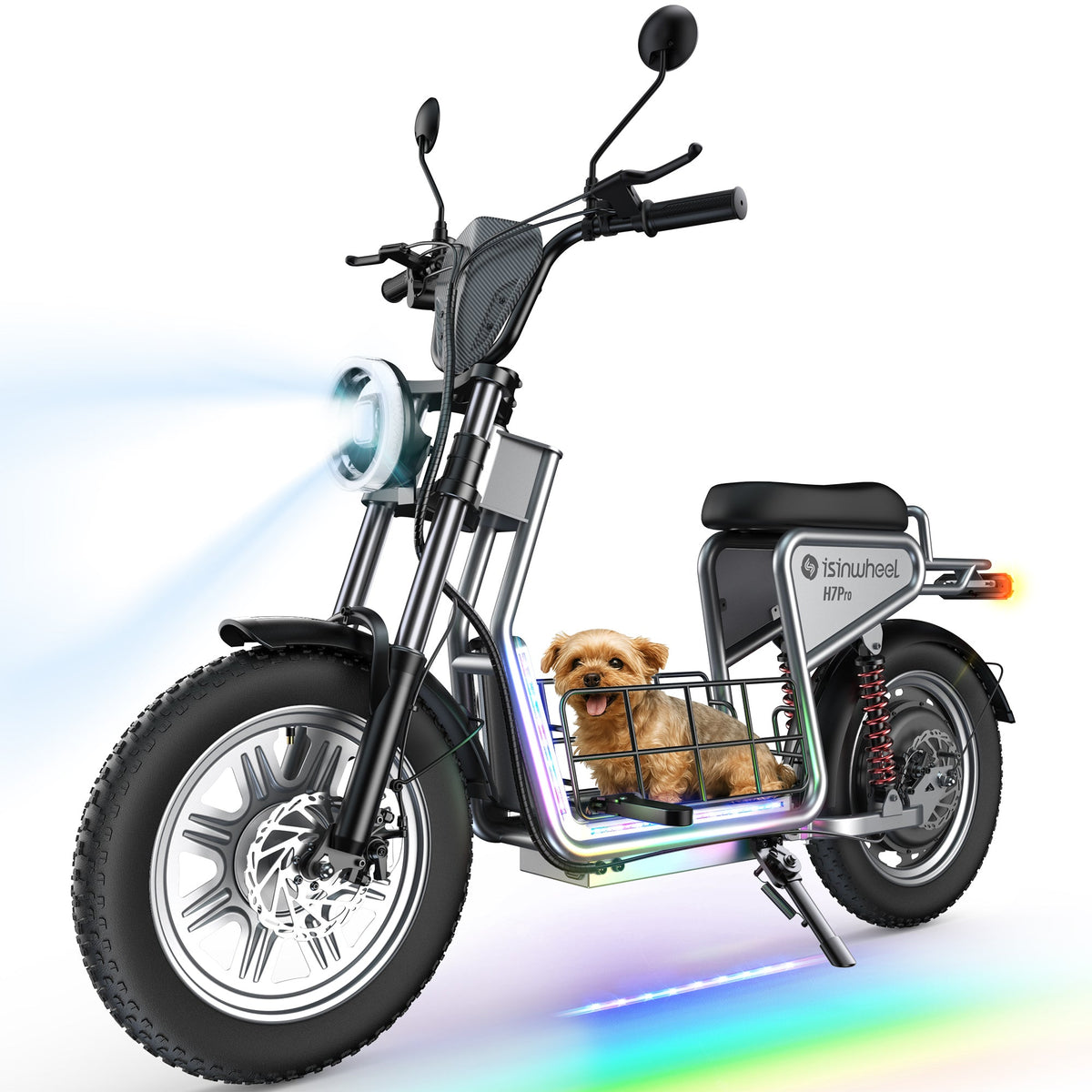 H7Pro lighting demonstration with headlight beam and multicolor ambient strips along the frame