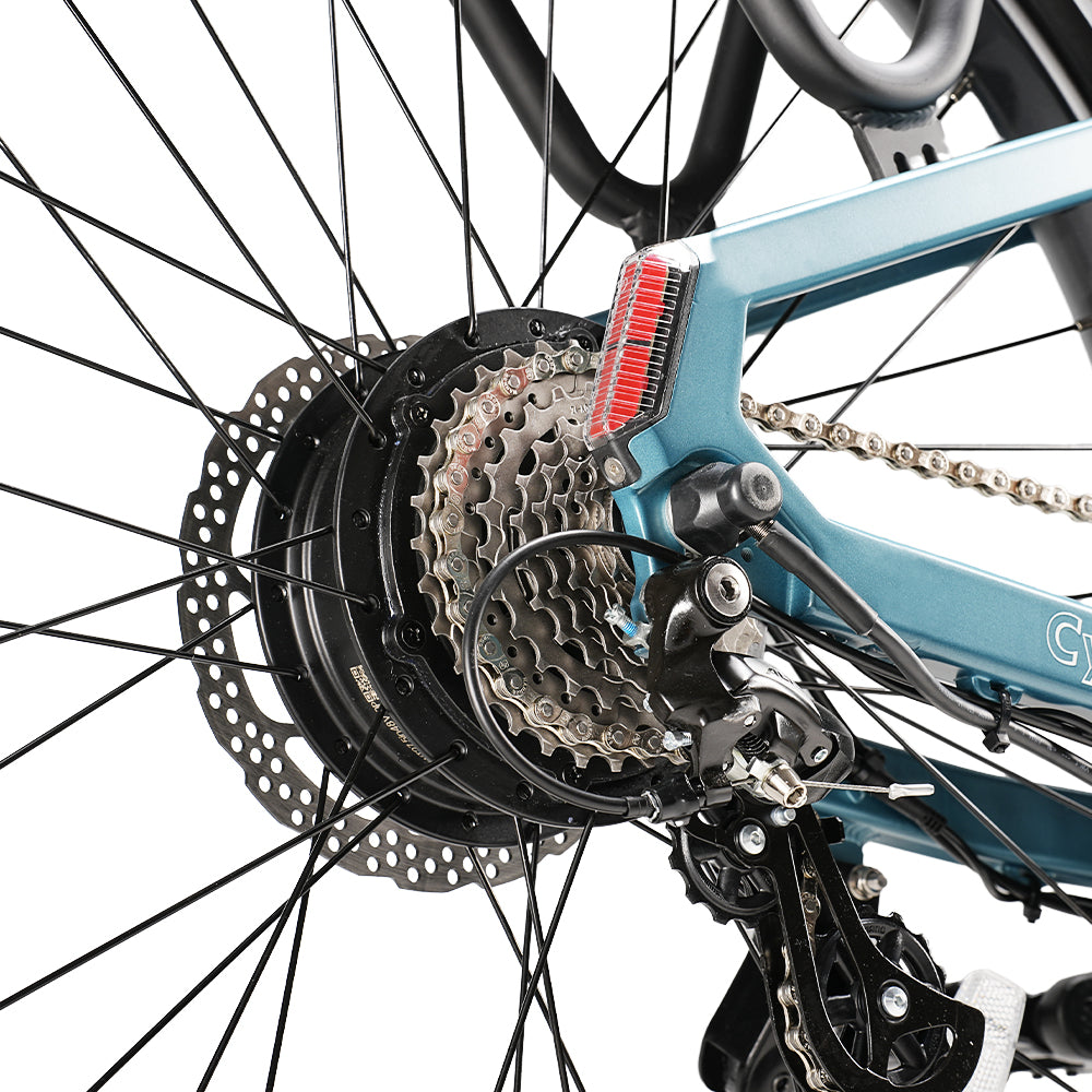Rear hub motor, cassette, derailleur, and commuter drivetrain detail on the Cycrown Dremax.
