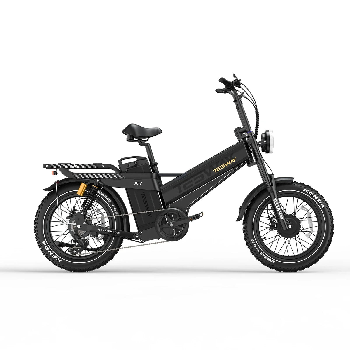 Black TESWAY X7 AWD electric bike, drive-side studio profile