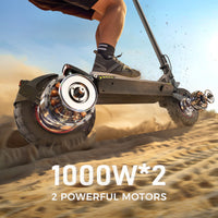 iScooter iX7 Pro dual-motor off-road folding electric scooter: dual 1200W motors (2400W peak combined), 38 mph top speed, 720Wh battery, 10-inch tubeless off-road tires, dual suspension, EABS plus double disc brakes, turn lights, ambient lights, 65.5 lb folded, 330 lb max load