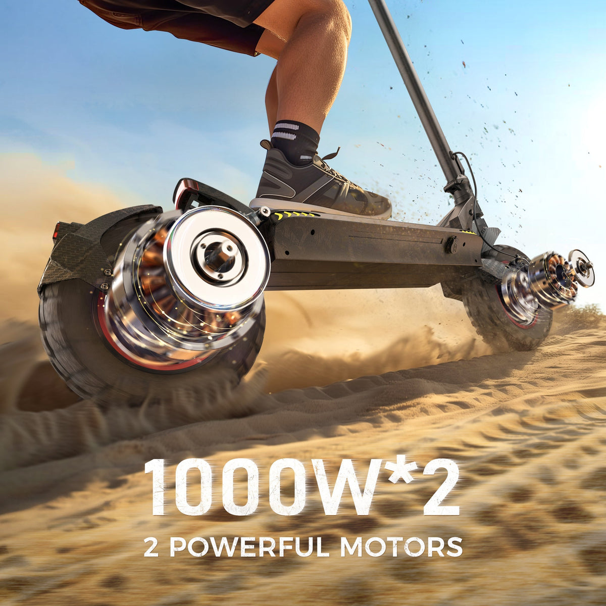 iScooter iX7 Pro dual-motor off-road folding electric scooter: dual 1200W motors (2400W peak combined), 38 mph top speed, 720Wh battery, 10-inch tubeless off-road tires, dual suspension, EABS plus double disc brakes, turn lights, ambient lights, 65.5 lb folded, 330 lb max load