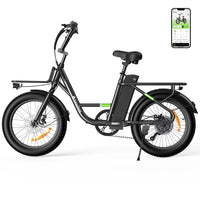 Studio rear three-quarter of the black isinwheel U7 showing the 7-speed rear derailleur, the rear rack with reflector, and the fat rear tire