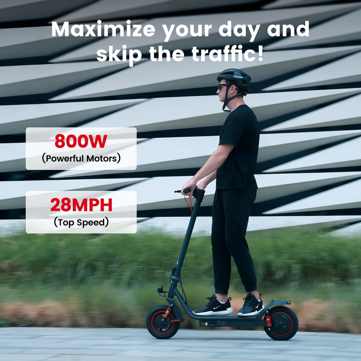 iScooter i10 Pro 800W folding commuter electric scooter: 48V peak 800W brushless rear-wheel-drive motor, 28 mph top speed, 720Wh battery, 10-inch pneumatic road tires, EBAS front plus double drum rear brakes, front and rear suspension, IP54, dedicated iScooter app, 53.9 lb folded