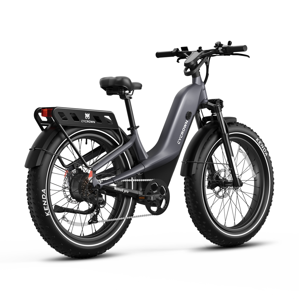 Rear three-quarter view of the graphite grey Nomad Pro with rack, fender, battery, and 26 by 4 inch tires.