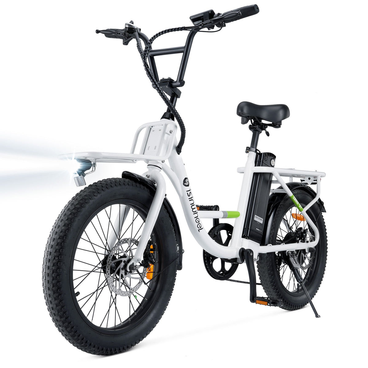 Front three-quarter studio view of the white isinwheel U7 with the headlight beam projecting forward and the front rack ready for cargo