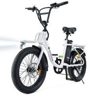 Front three-quarter studio view of the white isinwheel U7 with the headlight beam projecting forward and the front rack ready for cargo