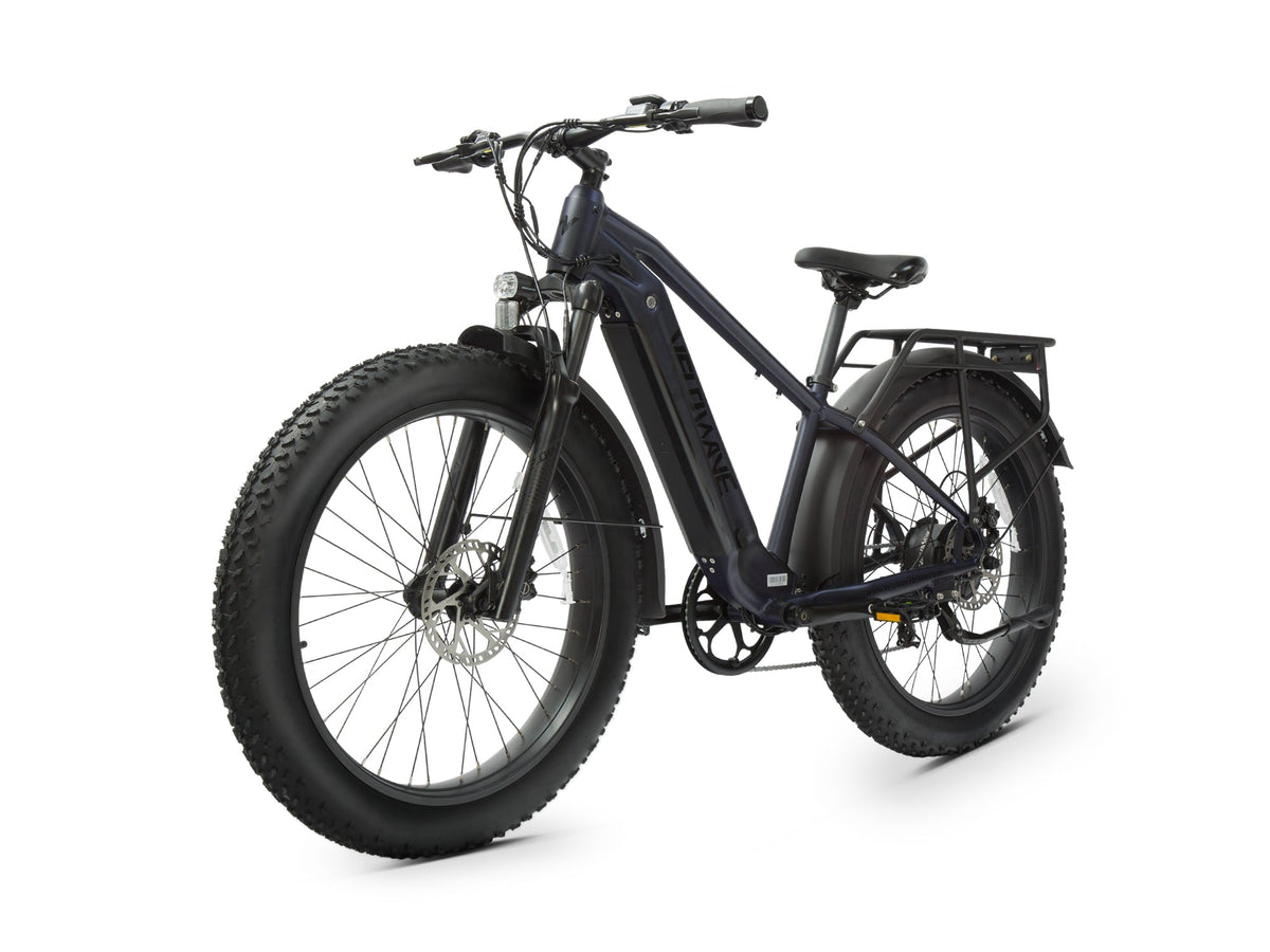 Dark gray Velowave Ranger 2.0 fat-tire e-bike studio rear three-quarter view