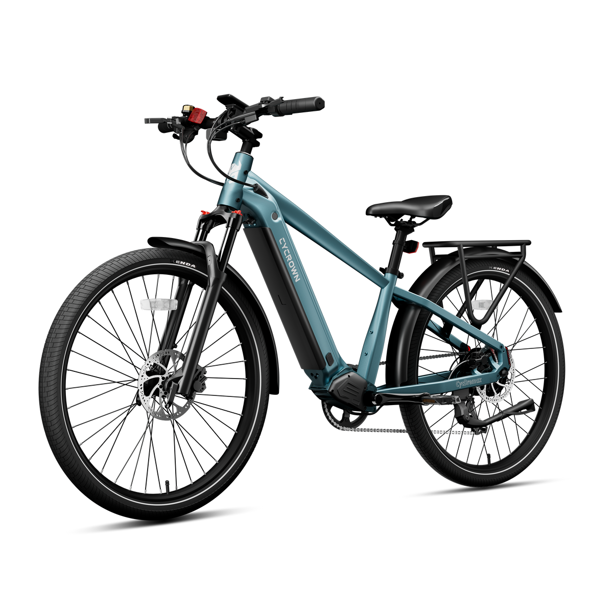 Urban teal Cycrown Dremax commuter e-bike in a front three-quarter studio view with 27.5 inch tires.