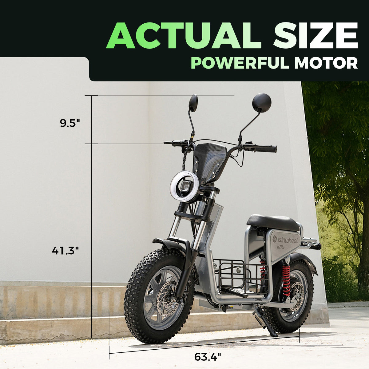 H7Pro dimension graphic showing its handlebar height, wheelbase, and overall length