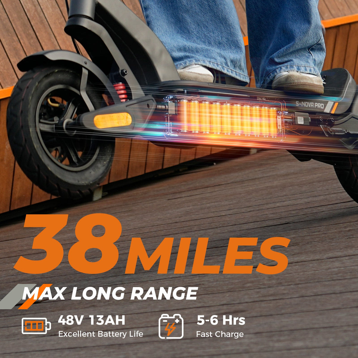 S Nova Pro 38-mile range feature graphic with the 48V 13Ah battery and 5 to 6 hour charge time printed by isinwheel