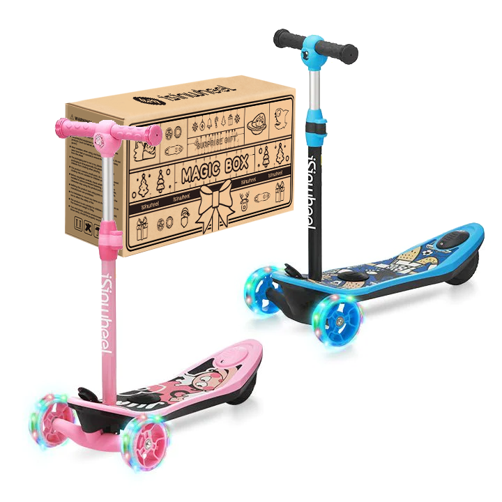 isinwheel Long Range 3-wheel kids electric scooter shown with the multi-color LED flashing wheels and the cartoon deck graphic, available in pink or blue with sibling-pair combo options