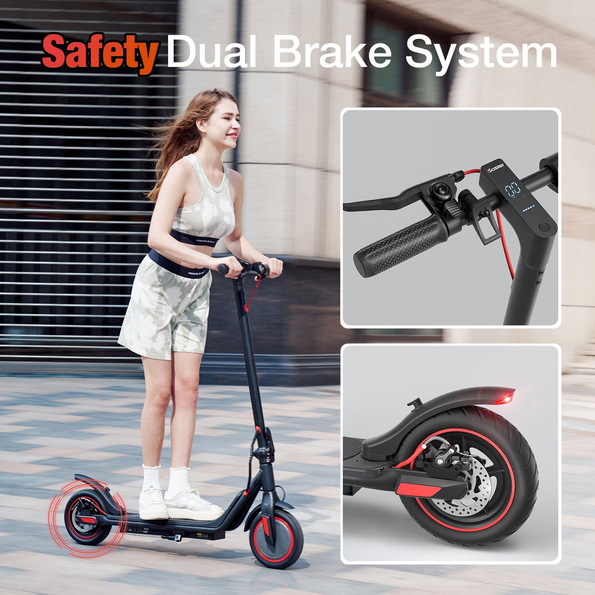 iScooter i8M 350W folding commuter electric scooter with front-wheel drive, 8.5-inch pneumatic tires, rear disc brake plus EBAS electronic anti-lock, three ride modes (6, 12, and 19 mph), folding aluminum frame, 27.7 lb folded weight, LED display, and integrated front and rear LED lighting