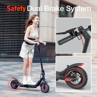 iScooter i8M 350W folding commuter electric scooter with front-wheel drive, 8.5-inch pneumatic tires, rear disc brake plus EBAS electronic anti-lock, three ride modes (6, 12, and 19 mph), folding aluminum frame, 27.7 lb folded weight, LED display, and integrated front and rear LED lighting