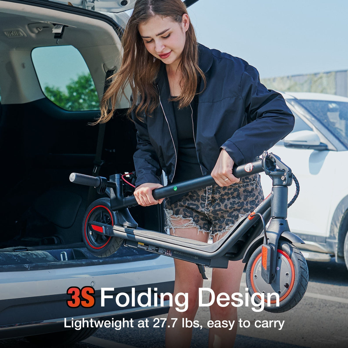 iScooter i8M 350W folding commuter electric scooter with front-wheel drive, 8.5-inch pneumatic tires, rear disc brake plus EBAS electronic anti-lock, three ride modes (6, 12, and 19 mph), folding aluminum frame, 27.7 lb folded weight, LED display, and integrated front and rear LED lighting
