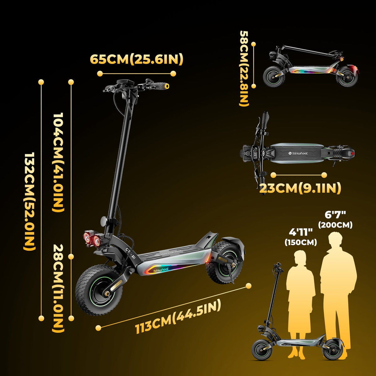 GT4 dimensions, deck width, ground clearance, and suggested rider height graphic
