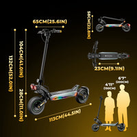 GT4 dimensions, deck width, ground clearance, and suggested rider height graphic