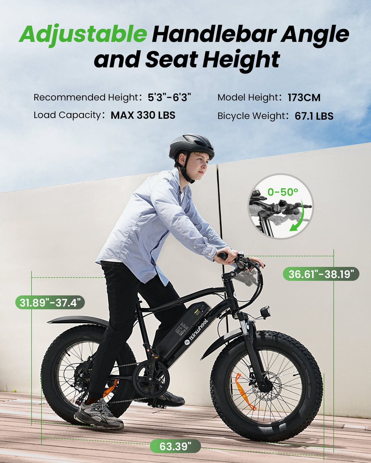 isinwheel M10Pro adjustable handlebar, seat height, rider fit, and 67.1 lb weight graphic