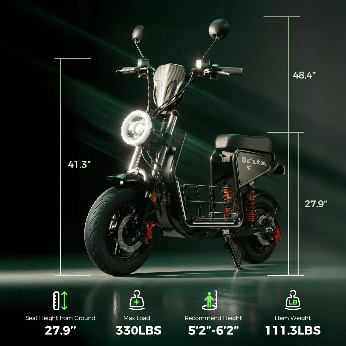 H7 fit and dimensions graphic with published rider height, scooter size, load limit, and 111.3 lb weight