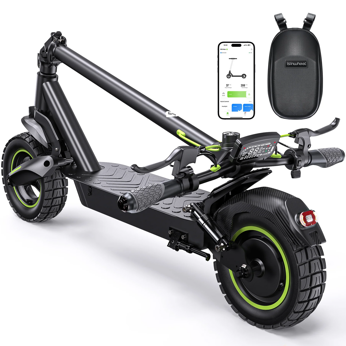 Folded S10Max shown with the isinwheel app, display, handlebar bag, 10-inch tires, and rear brake light