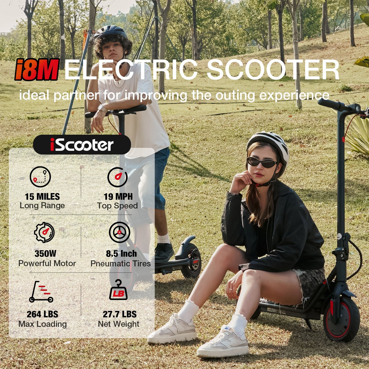 iScooter i8M 350W folding commuter electric scooter with front-wheel drive, 8.5-inch pneumatic tires, rear disc brake plus EBAS electronic anti-lock, three ride modes (6, 12, and 19 mph), folding aluminum frame, 27.7 lb folded weight, LED display, and integrated front and rear LED lighting