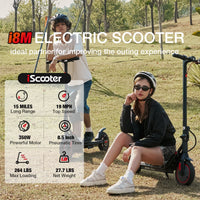 iScooter i8M 350W folding commuter electric scooter with front-wheel drive, 8.5-inch pneumatic tires, rear disc brake plus EBAS electronic anti-lock, three ride modes (6, 12, and 19 mph), folding aluminum frame, 27.7 lb folded weight, LED display, and integrated front and rear LED lighting