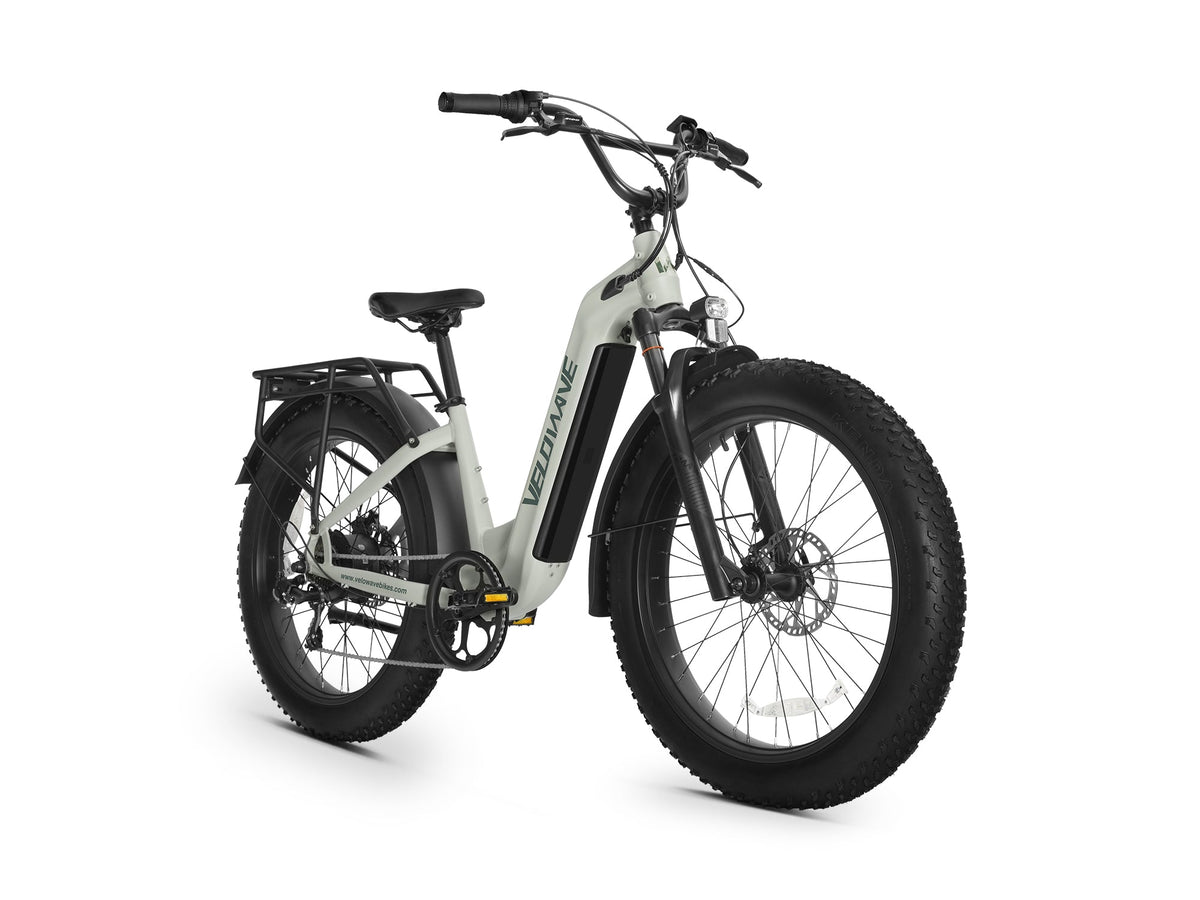 Black Velowave Ranger Step-Thru 2.0 viewed from the front three-quarter angle