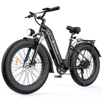 Black isinwheel U8 Ultra step-thru fat-tire e-bike in studio with front suspension fork, rear rack, fenders, and LCD display.