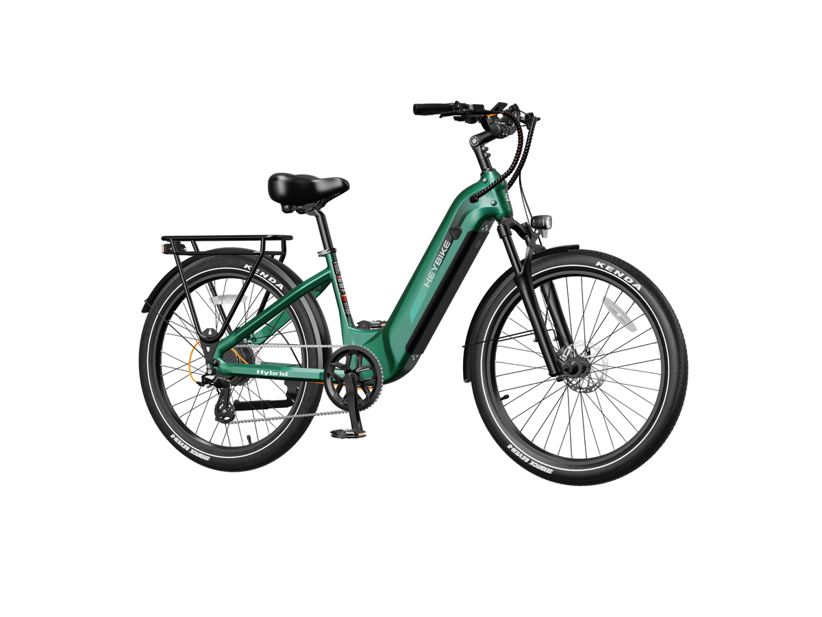 Heybike Hybrid Class 2/3 electric commuter bike with 750W rated rear-hub motor, 27.5 by 2.4 inch KENDA tires, Tektro hydraulic disc brakes, Shimano Altus 8-speed gearing, 6061 aluminum frame, hydraulic front fork, integrated turn-signal lighting, and an 864Wh battery on a UL 2849 certified electrical system
