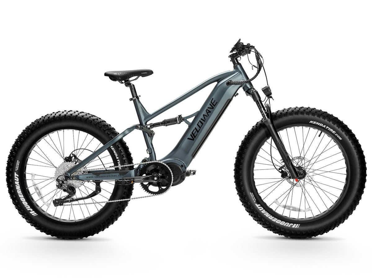 Dark Blue Velowave Brawny XM left-side studio profile with full-suspension frame and fat tires