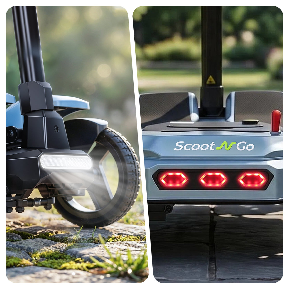 ScootNGo Voyager rear light and wheel shown beside an outdoor path