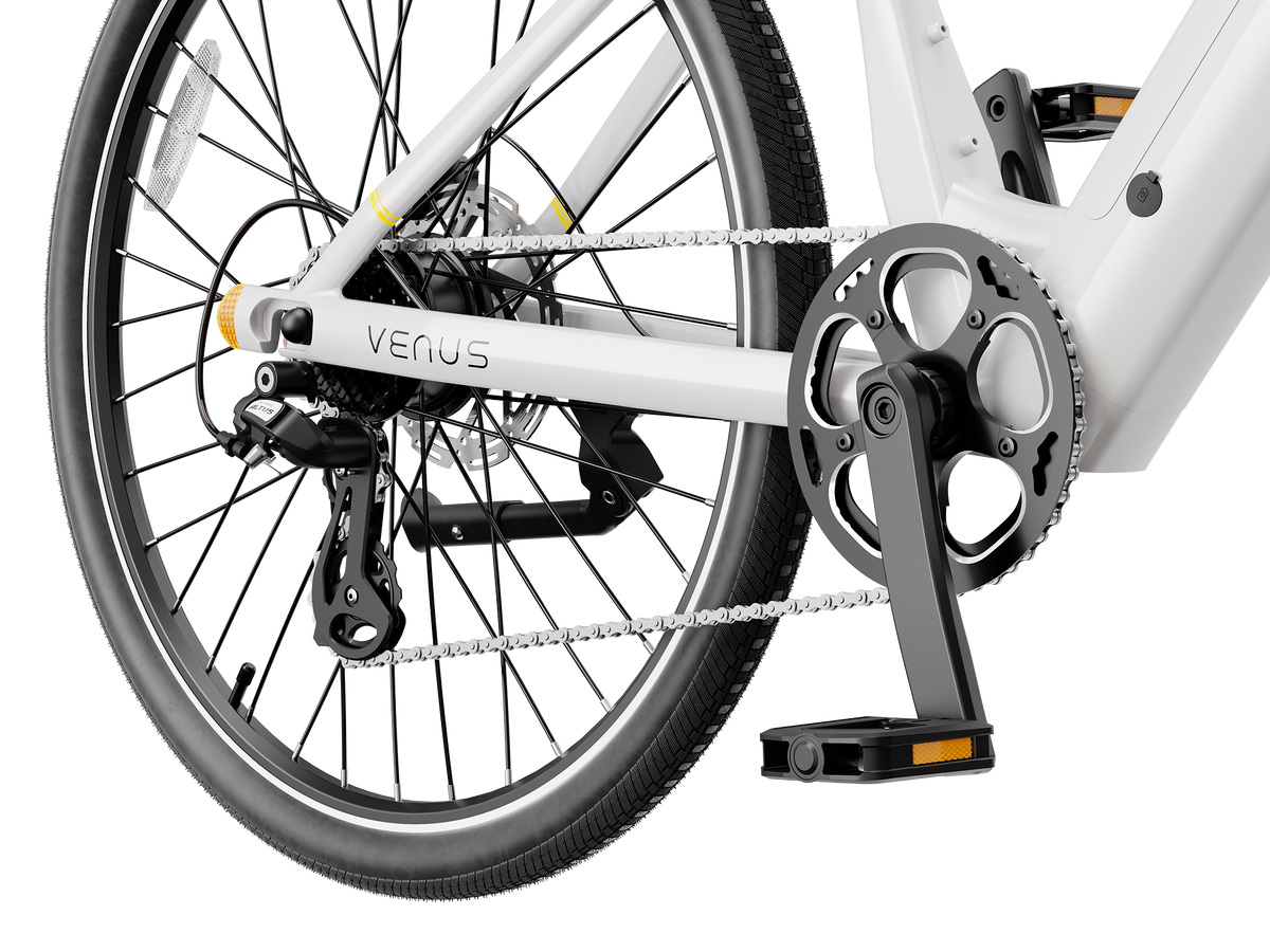 Heybike Venus lightweight step-thru cruiser electric bike: 750W Galaxy hub motor (1400W peak), 70 Nm torque, 28 mph Class 2/3 switchable, 27.5x2.2 Kenda road tires, aluminum-alloy low-step frame, Shimano Altus 8-speed, hydraulic discs, UL 2849 + UL 2271