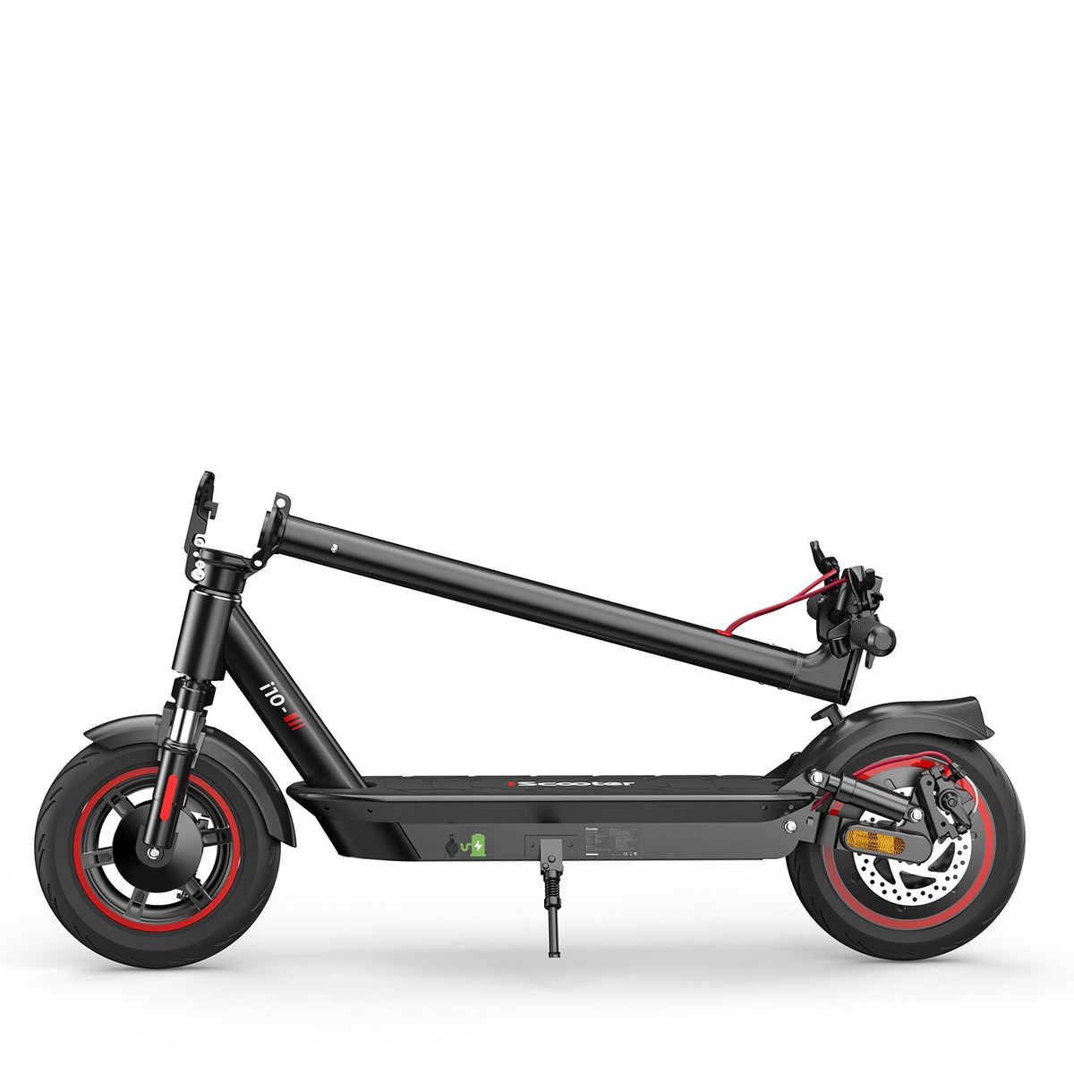 iScooter i10 mid-tier folding commuter electric scooter: 42V peak 650W brushless motor, 25 mph, 4 speed modes, 10-inch pneumatic tires, EBAS front brake plus rear disc, front and rear suspension, IP54, iScooter app, 44 lb net, 264 lb max load