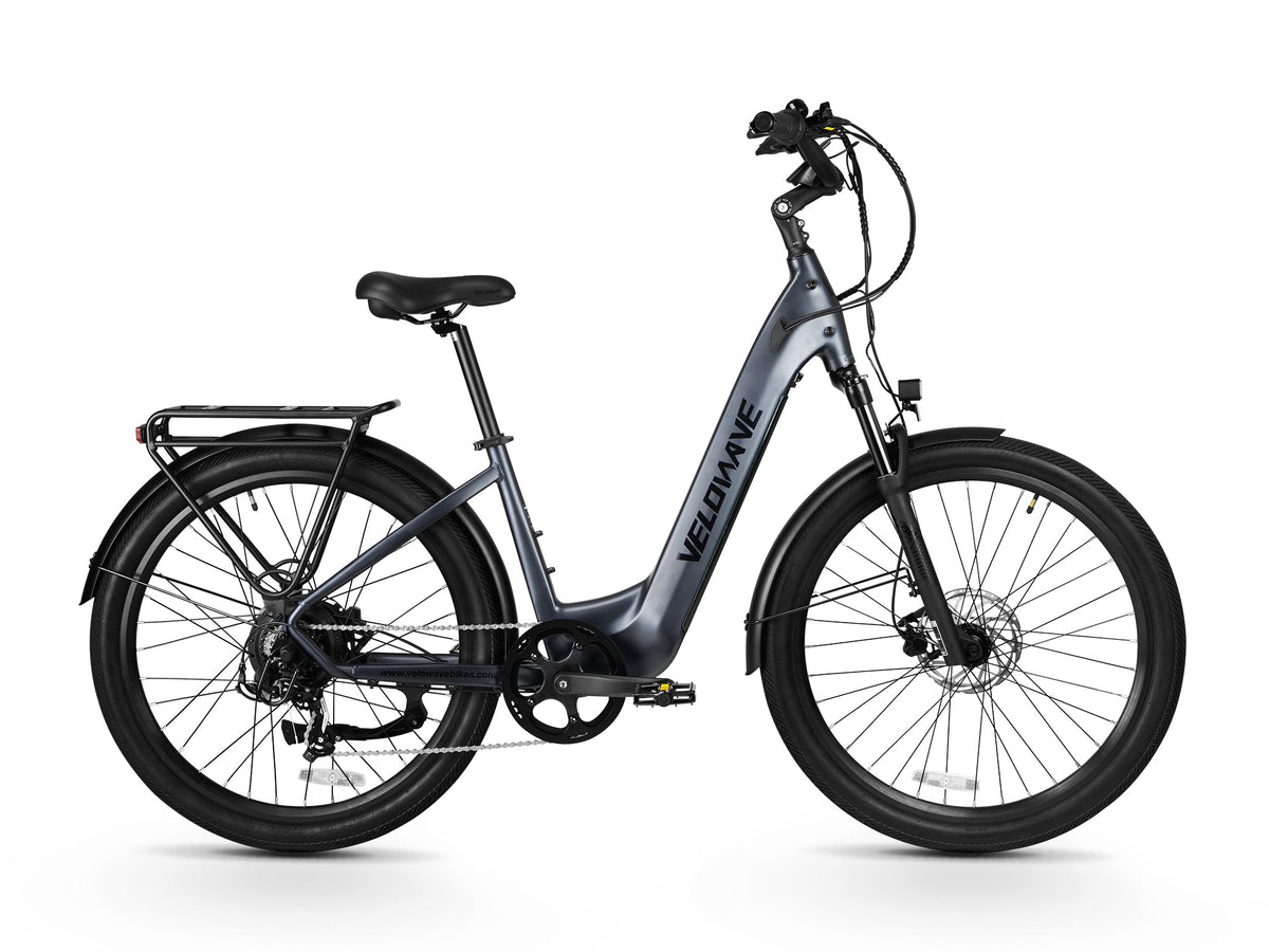 Blue Gray Velowave Breeze T side profile with rear rack and fenders