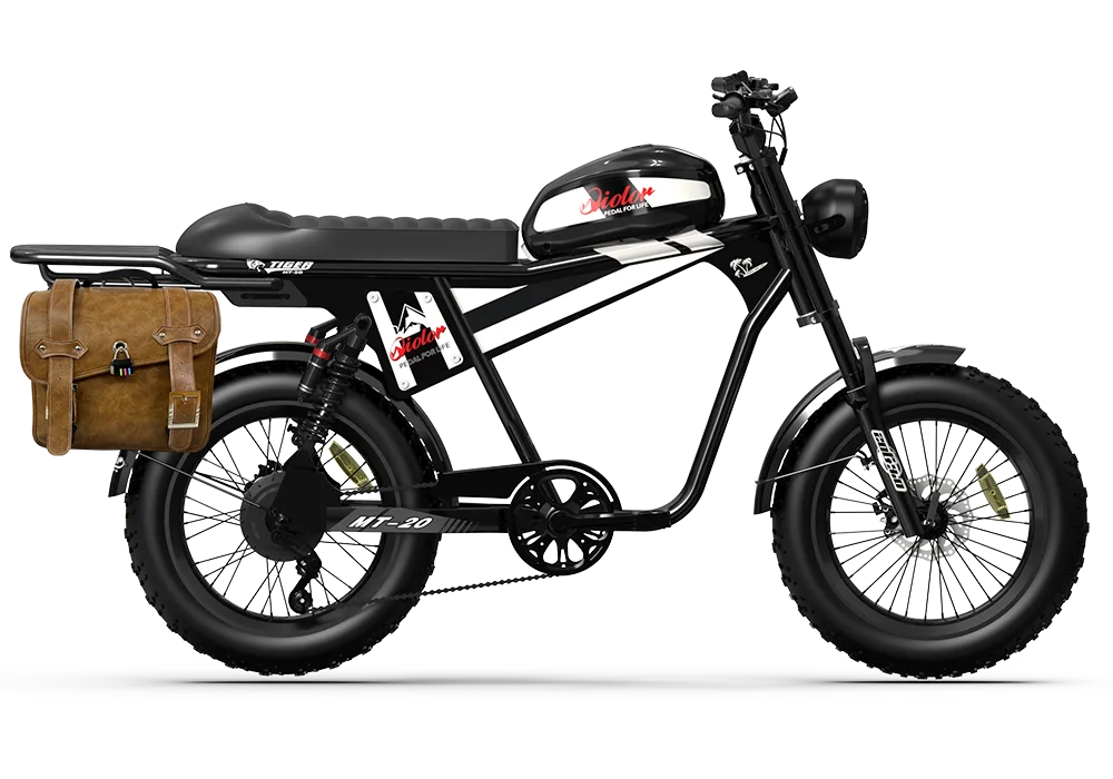 Black QIOLOR Tiger Plus side view with rear rack and brown pannier bag attached